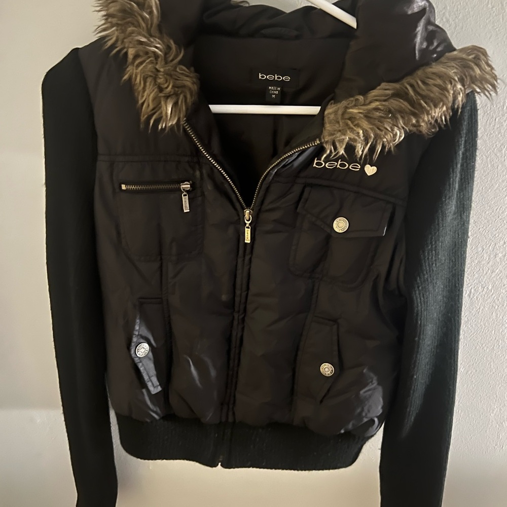 bebe Black Faux-Fur Trim Quilted Puffer Jacket